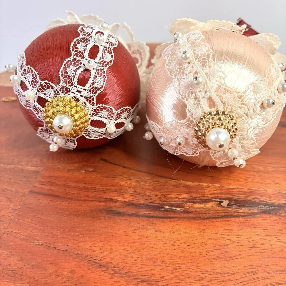 Lot of 4 Vintage Beaded Pushpin Christmas Ornaments Sequins Roses Lace